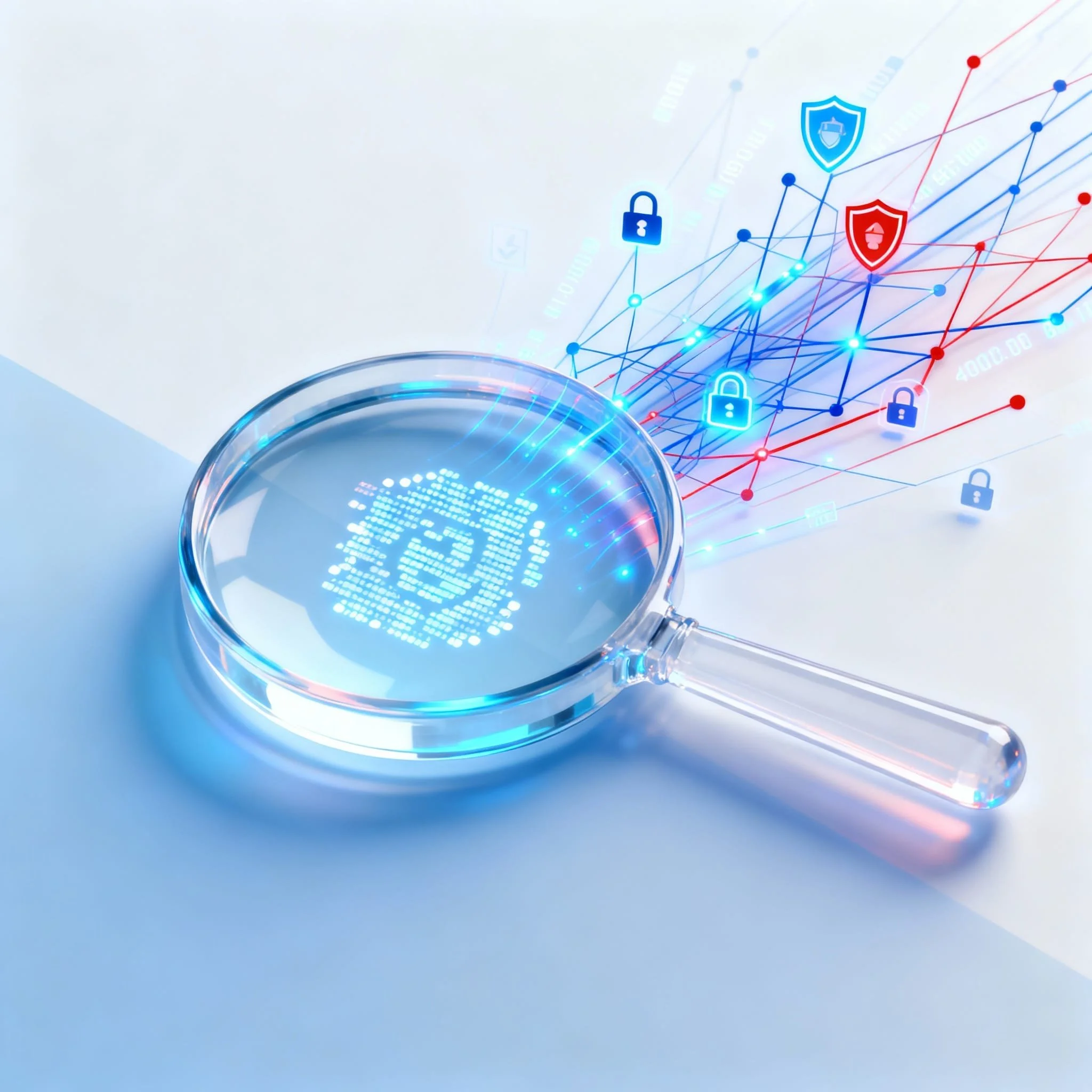 A magnifying glass with a digital Bitcoin symbol on its surface, scanning a network of interconnected lines and icons representing security, encryption, and data protection.