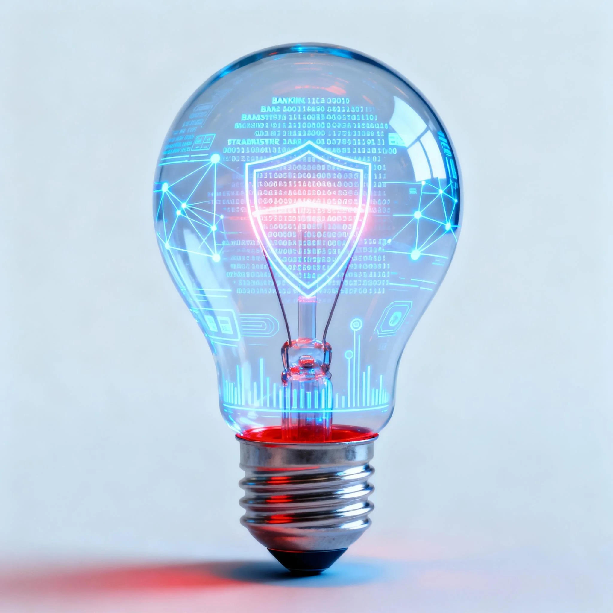 A lightbulb with digital security and technology graphics projected inside, including a shield symbol, binary code, and network lines, against a plain background.