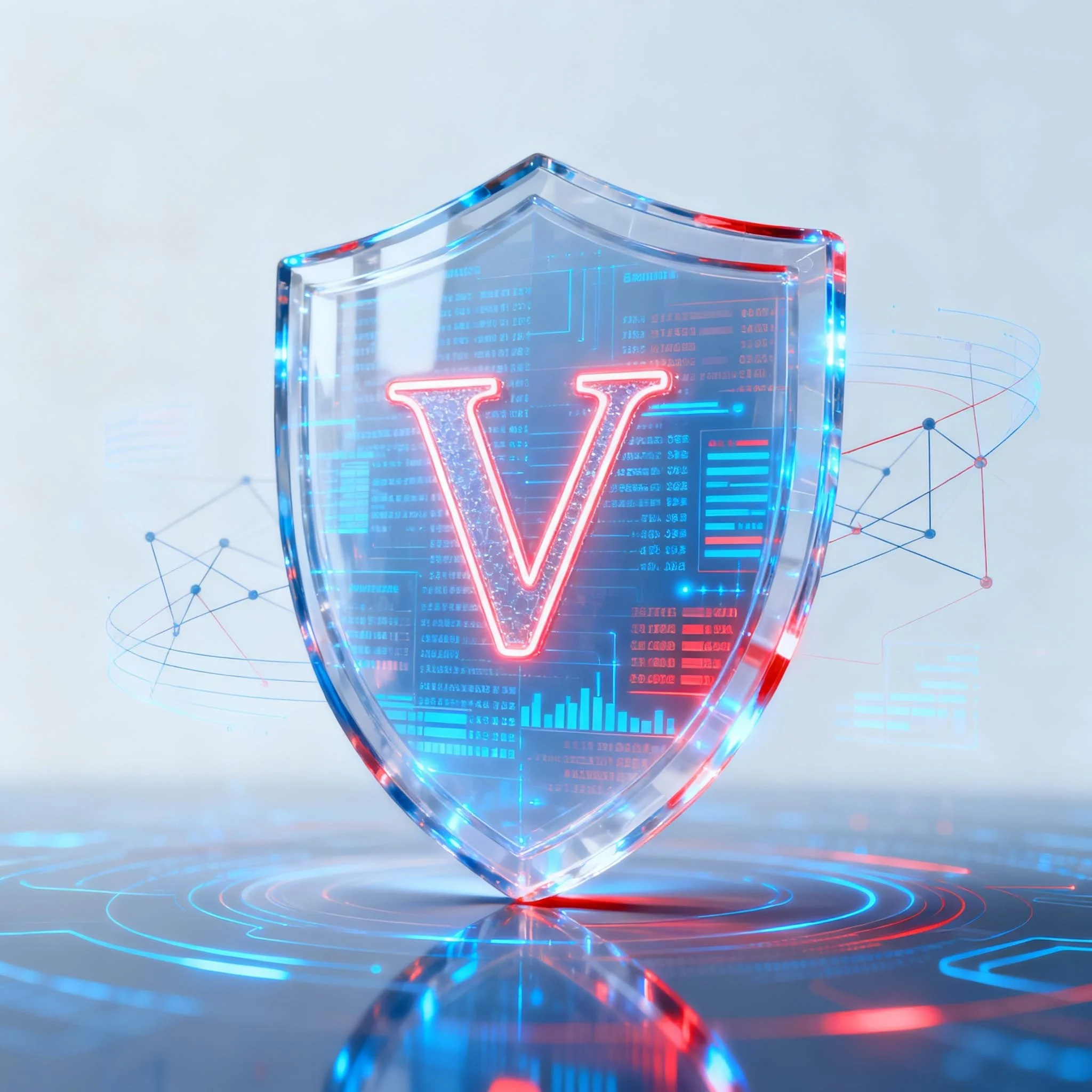 A digital shield with a red V symbol, representing cybersecurity or digital protection, with futuristic data and graphs surrounding it.