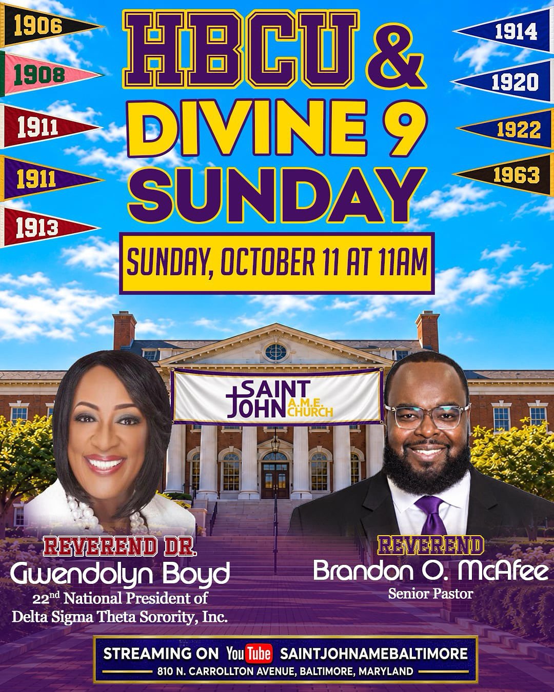 Promotional flyer for a church event at Saint John A.M.E. Church in Baltimore, Maryland, featuring Reverend Dr. Gwendolyn Boyd and Reverend Brandon O. McAfee. The event is scheduled for Sunday, October 11 at 11 AM. The flyer includes a timeline with notable years from 1906 to 1963 and indicates streaming on YouTube.