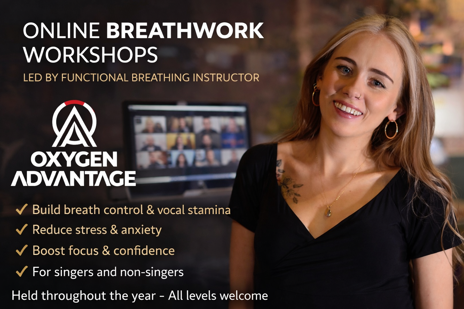 A woman with long blonde hair, gold hoop earrings, and a necklace smiling in front of a computer screen with a video call, promoting online breathing workshops led by a functional breathing instructor, highlighting benefits like breath control, stress reduction, and confidence boost.