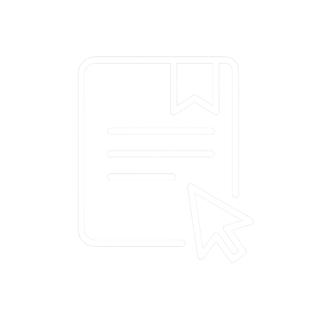 White outline of a book with a bookmark and a cursor arrow on a black background.
