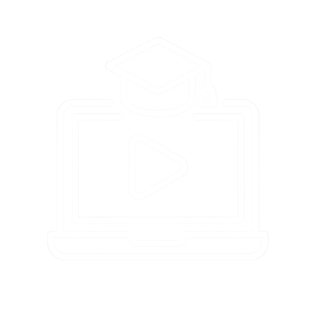 Icon of a laptop computer with a play button on the screen and a graduation cap on top.
