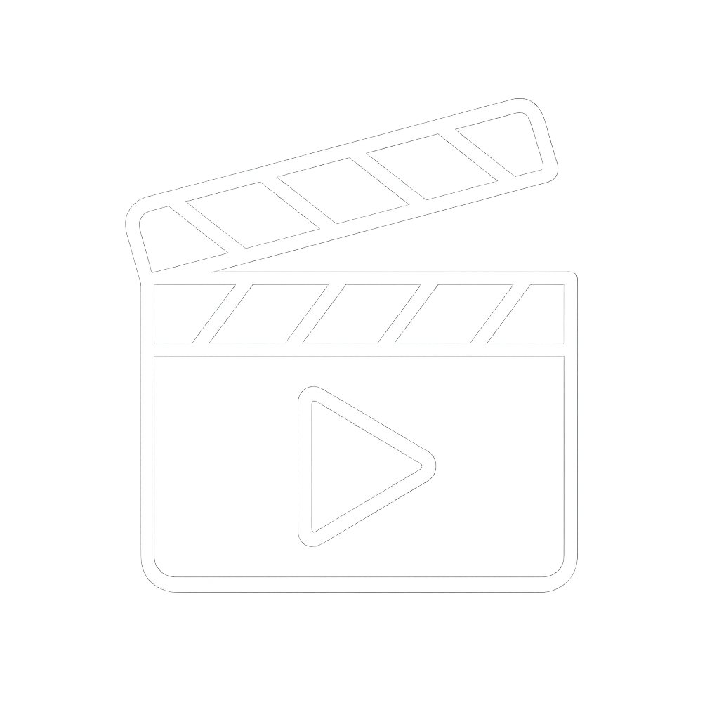 Outline of a clapperboard with a play button in the center, symbolizing video or film production.