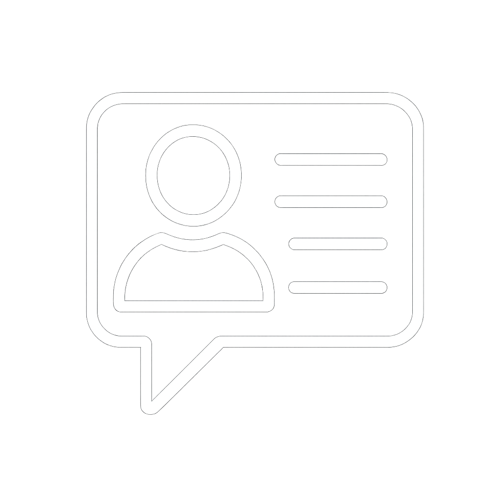 Icon of a person’s ID card with a speech bubble around it, indicating communication or profile information.
