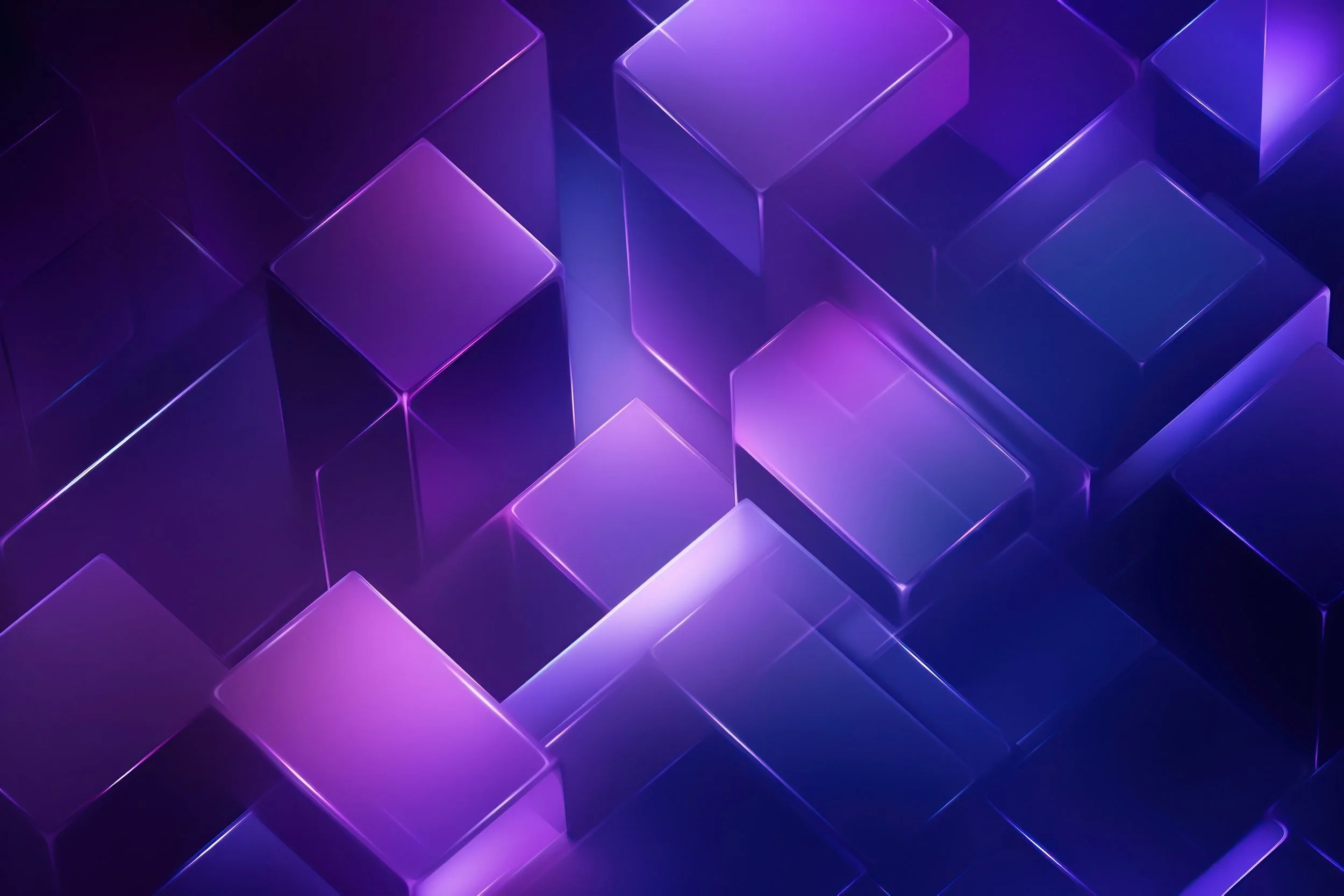 Abstract digital illustration of purple and blue glowing 3D cubes arranged in a pattern.