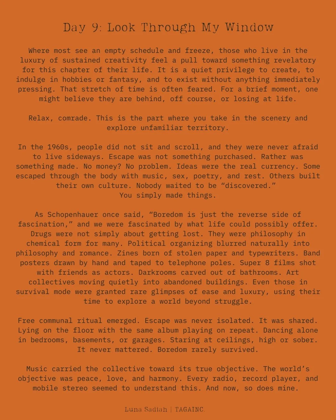 A page titled 'Day 9: Look Through My Window' with a block of text discussing creativity, history of the 1960s, and the importance of shared experience, attributed to Luna Sadiah.
