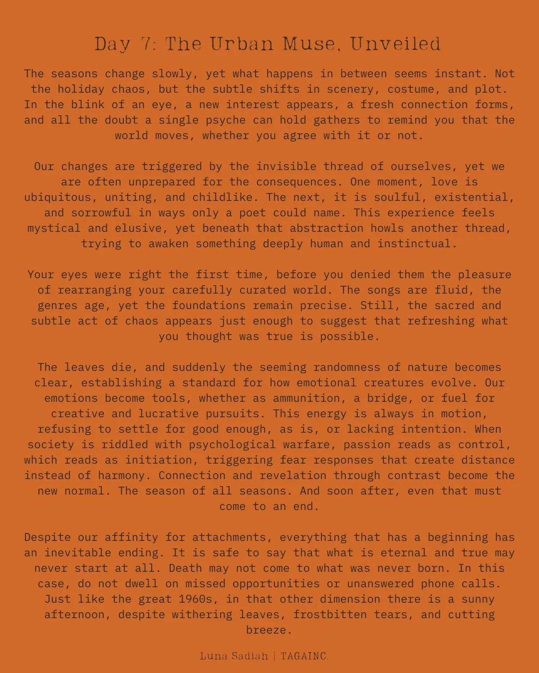 Text from a page titled "Day 7: The Urban Muse, Unveiled," discussing seasons, change, psychology, and emotional transformation, attributed to Luna Sadiah and TAGAINC.