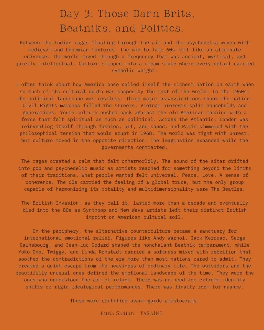 Text discussing cultural and political history of the 1960s, including references to British Invasion, Beatniks, and American culture, on an orange background.
