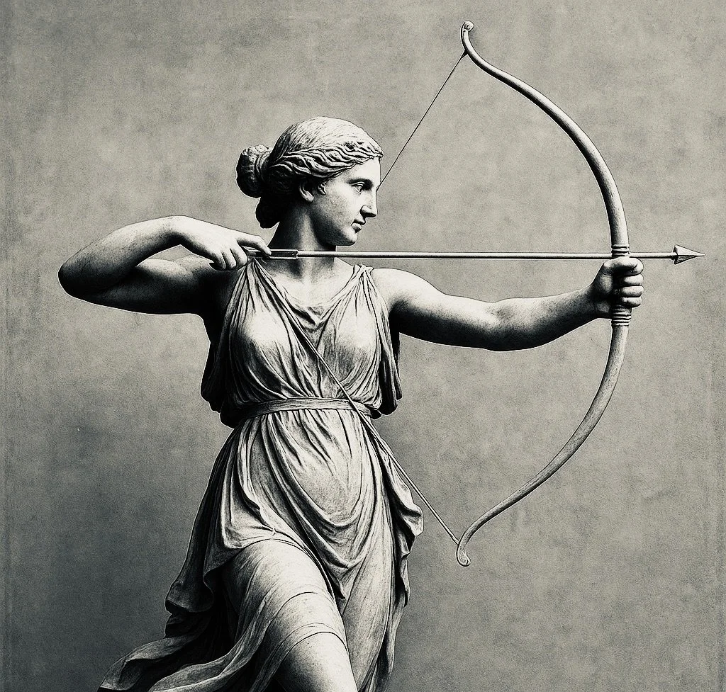 Black-and-white photograph of a classical statue of a woman in a classical dress, drawing a bow and arrow, as if aiming at a target.