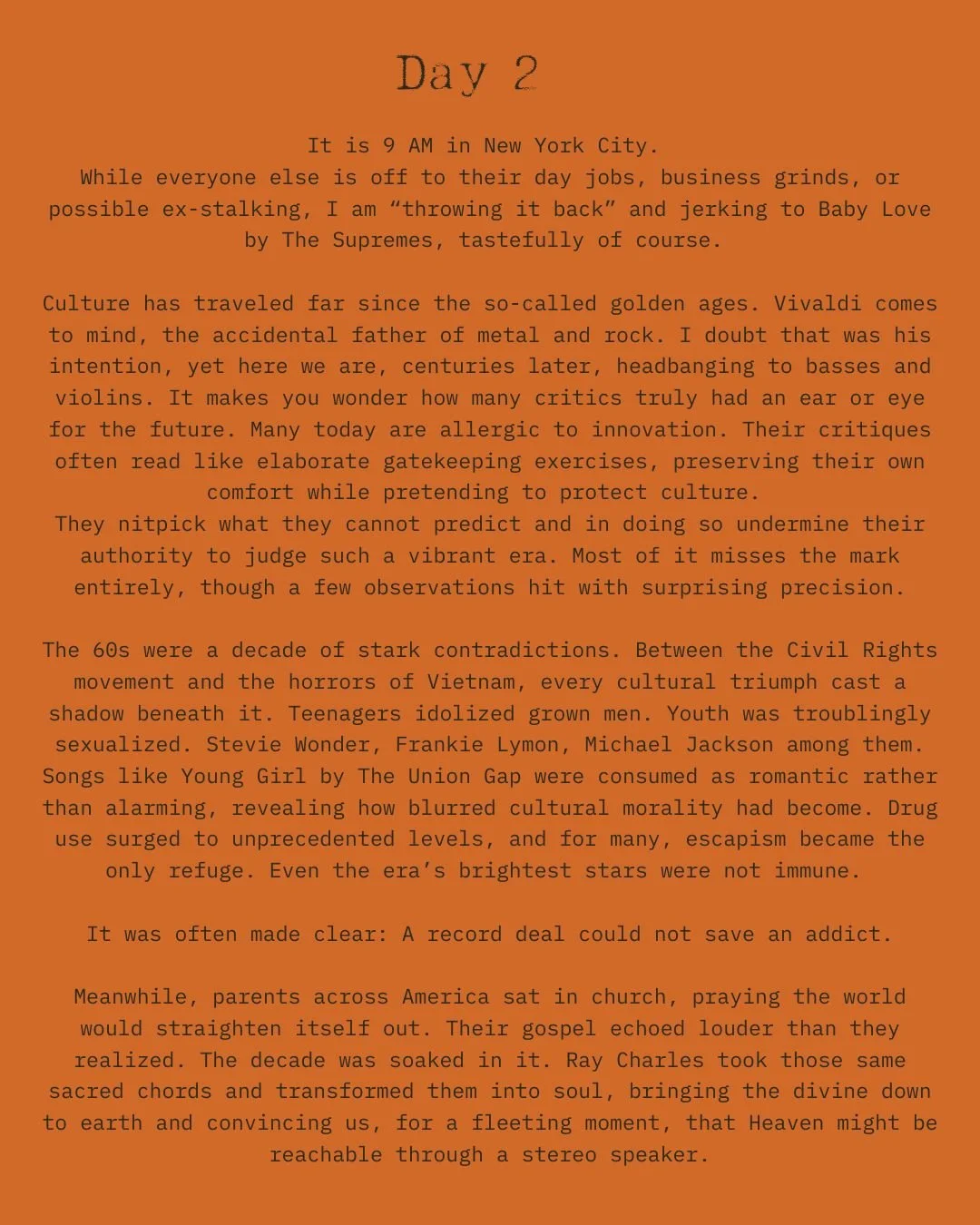A text excerpt titled 'Day 2' describing morning in New York City, cultural reflections on music and history, and societal issues of the 1960s, including civil rights, Vietnam, and drug use, on an orange background.