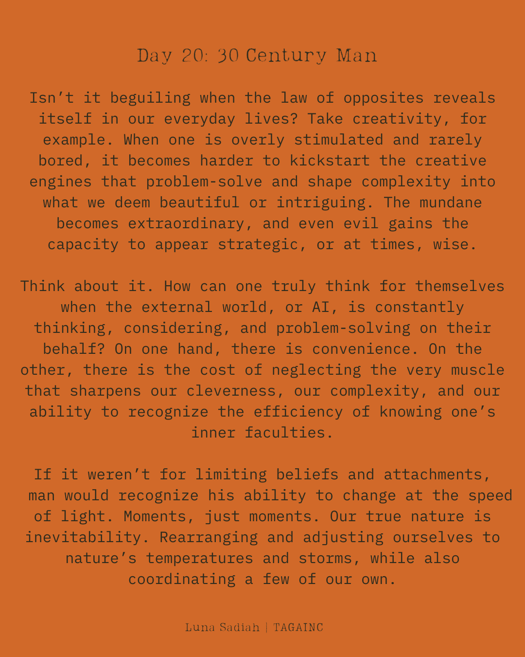 A page from a book or journal titled "Day 20: 30 Century Man" with text discussing creativity, mental processes, and the relationship between external influences and inner knowledge, attributed to Luna Sadiah.