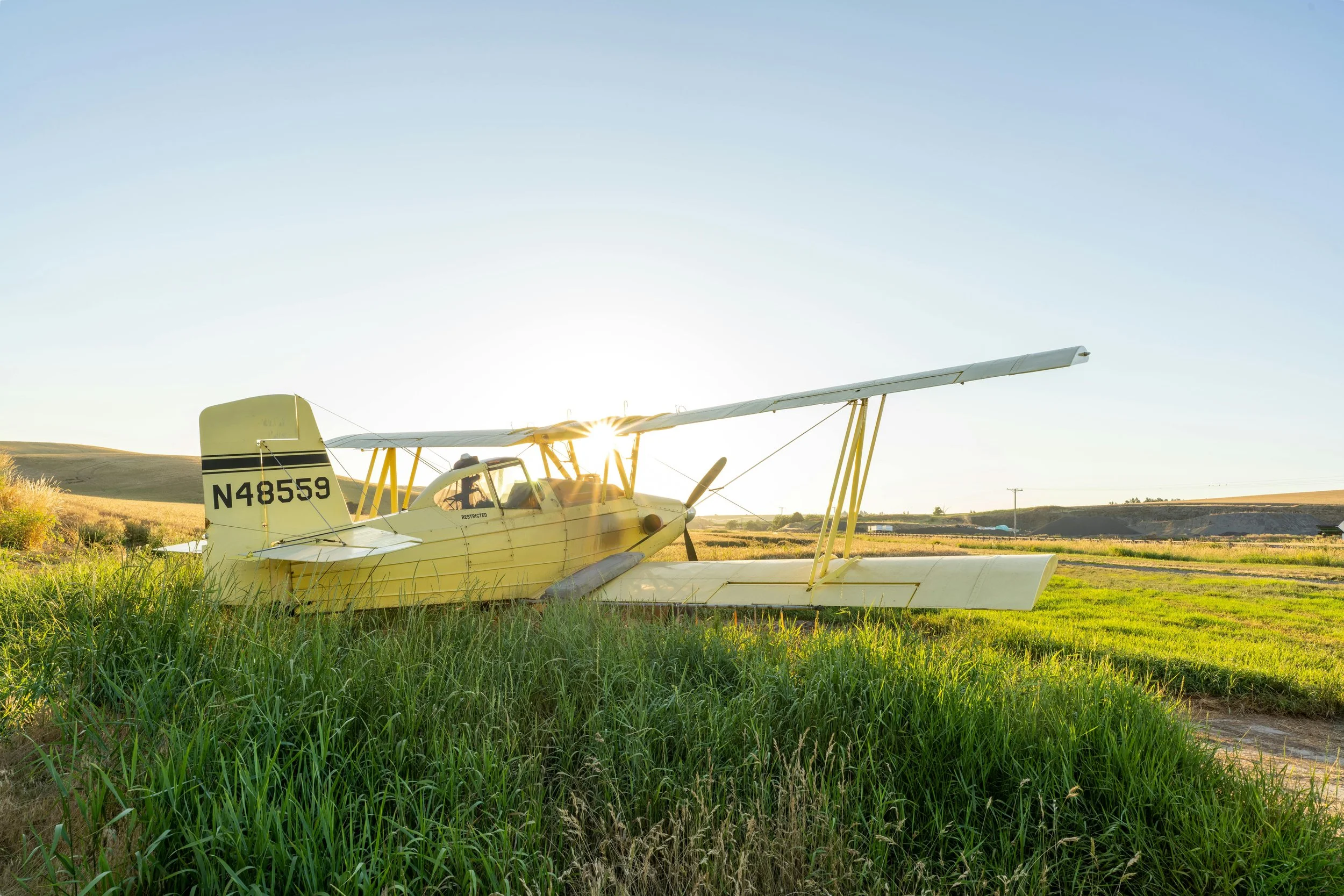 Yellow vintage airplane on grass field at sunset.
