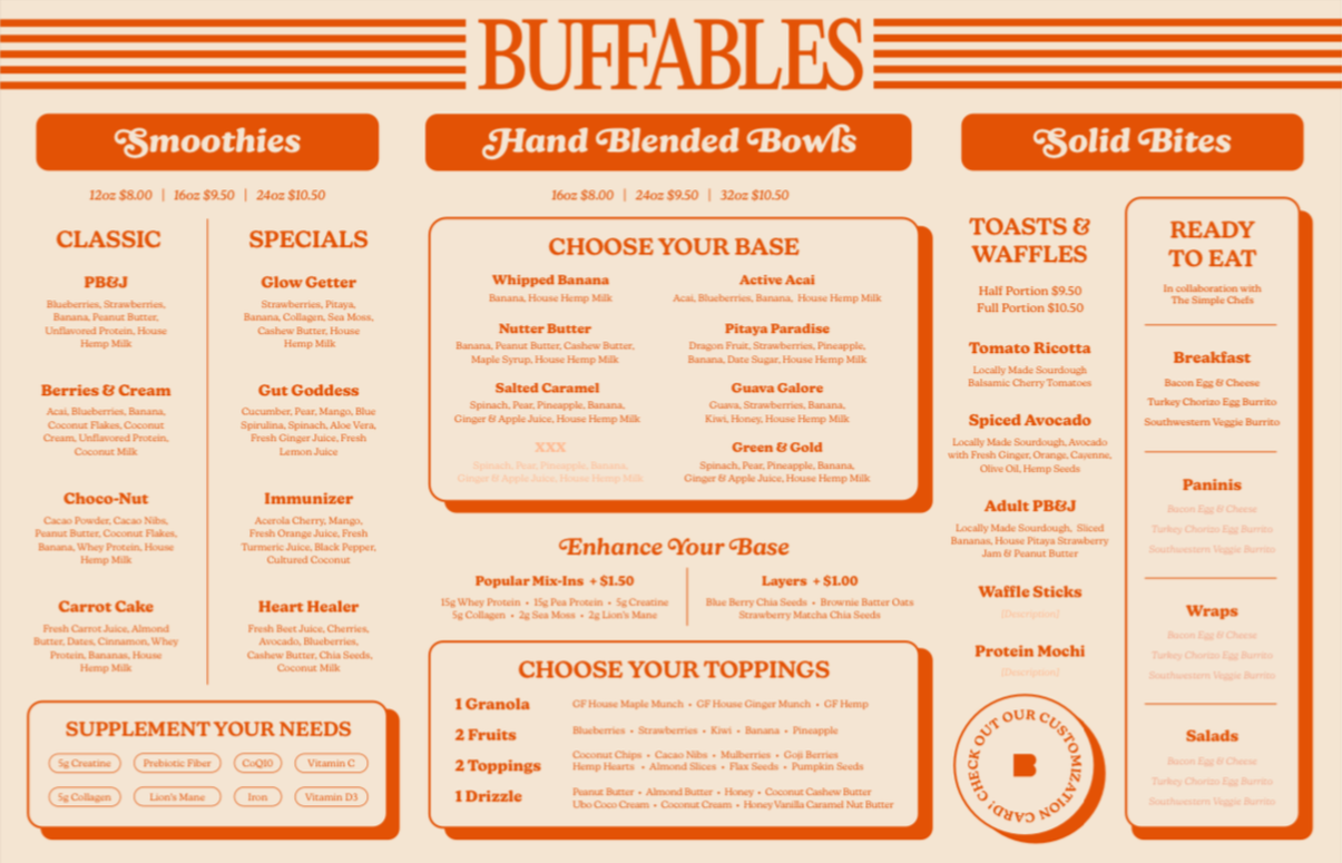 Buffaless menu featuring smoothies, hand-blended bowls, solid bites including toasts, waffles, and salads, with sections for selecting bases, toppings, and add-ons.