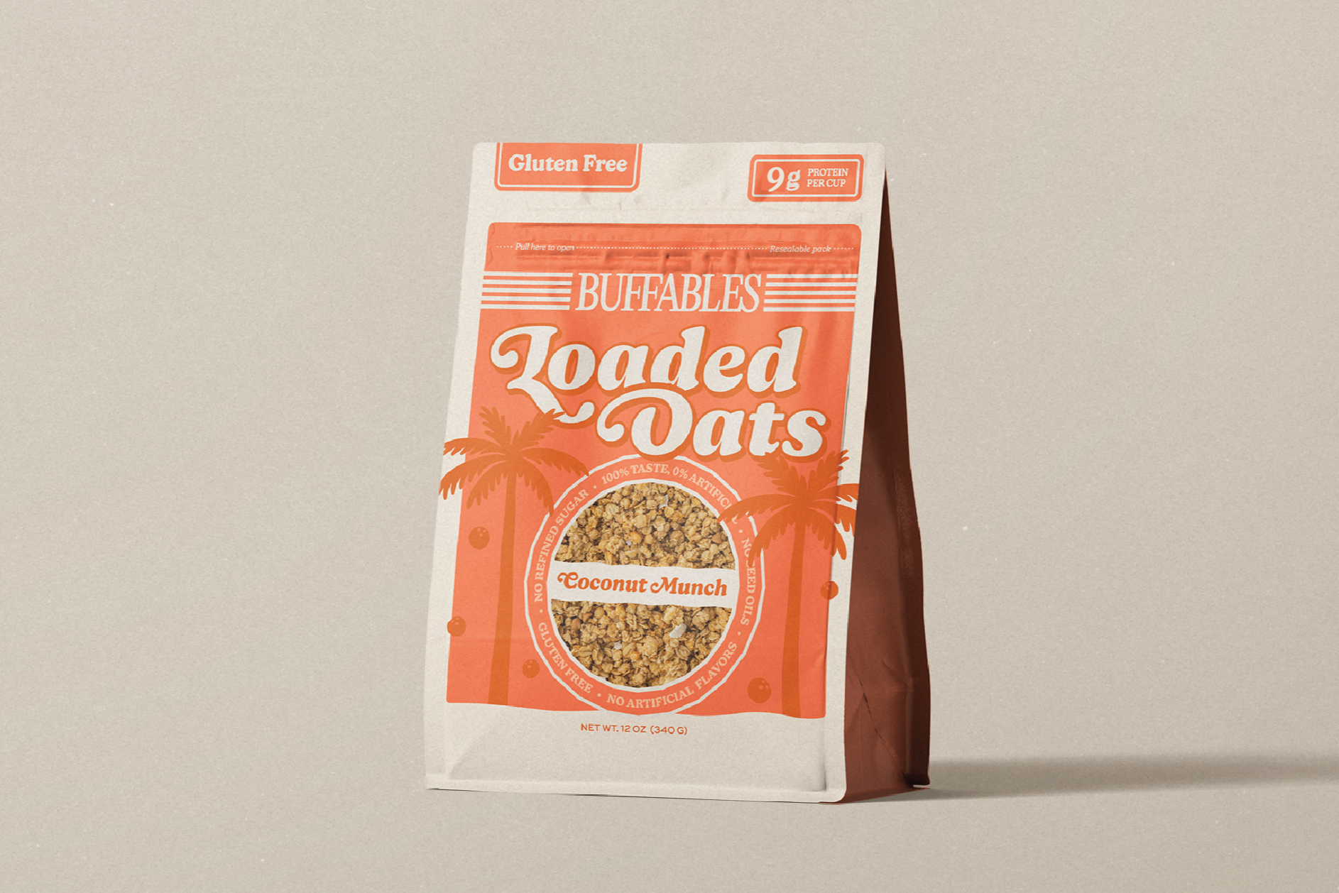 Loaded Oats: Coconut Munch. 9g of protein per cup, gluten free, and made with no refined sugar and no seed oils. 100% taste, 0% artificial.