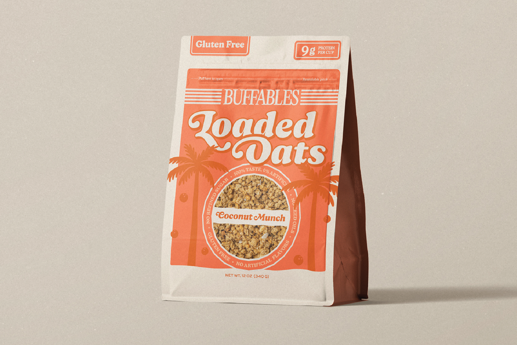 Loaded Oats: Coconut Munch. 9g of protein per cup, gluten free, and made with no refined sugar and no seed oils. 100% taste, 0% artificial.