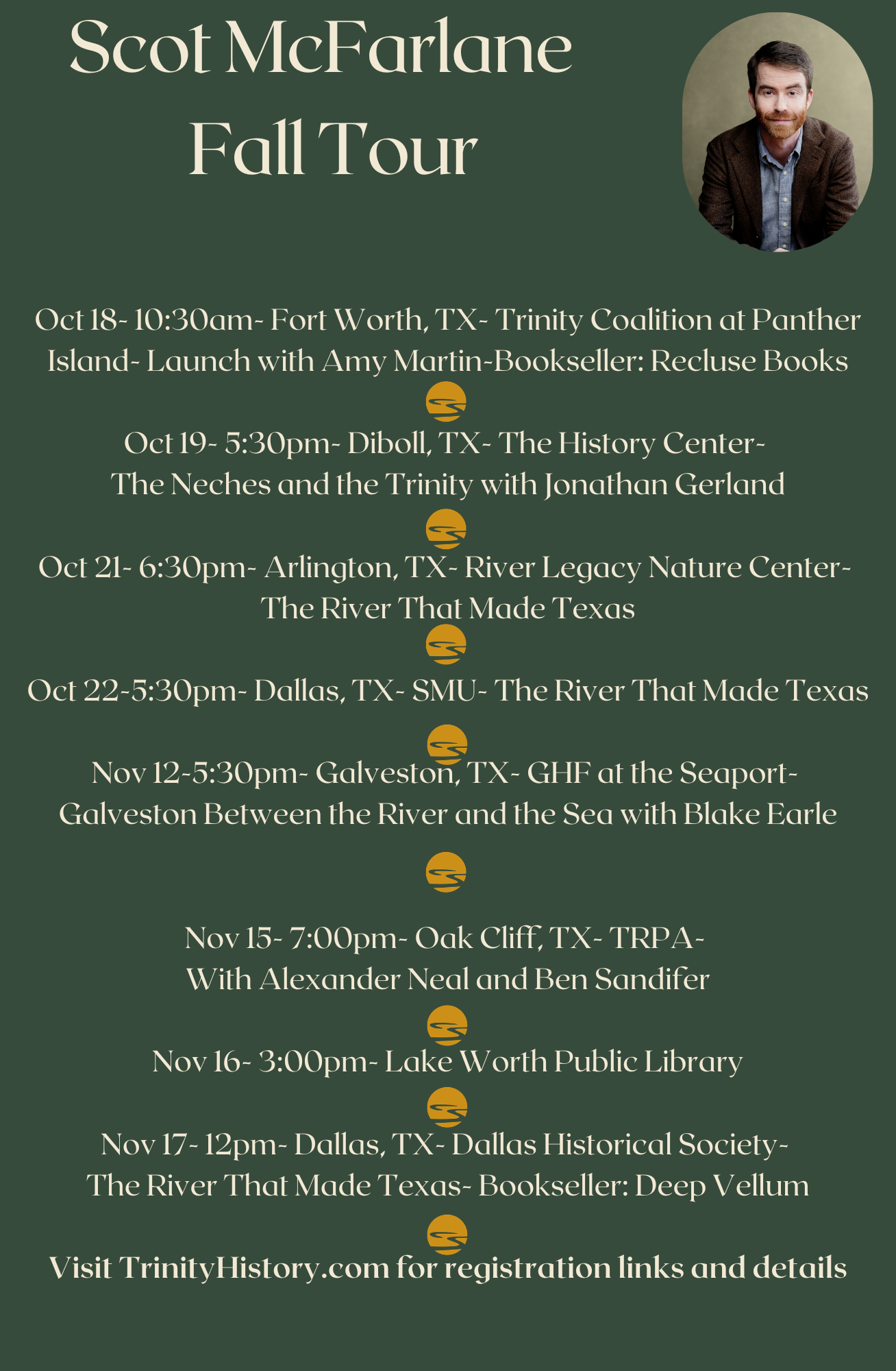 Event poster for Scot McFarlane Fall Tour with tour dates, locations, and times listed, and a photograph of Scot McFarlane in the top right corner.