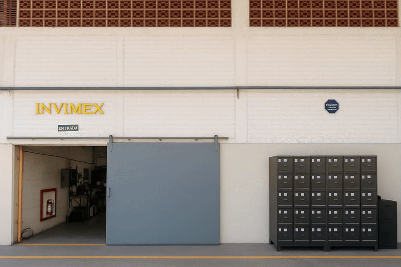 Entrada a un depósito o área de carga en una nave industrial, con cajas de correos negras y un cartel que dice "INVIMEX"