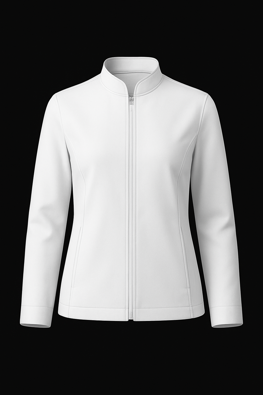 Chaqueta blanca con cierre frontal sobre fondo negro.