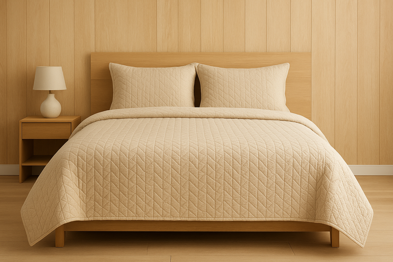 Cama con cubrecama beige, dos almohadas a juego, mesa de noche con lámpara, pared de madera clara.