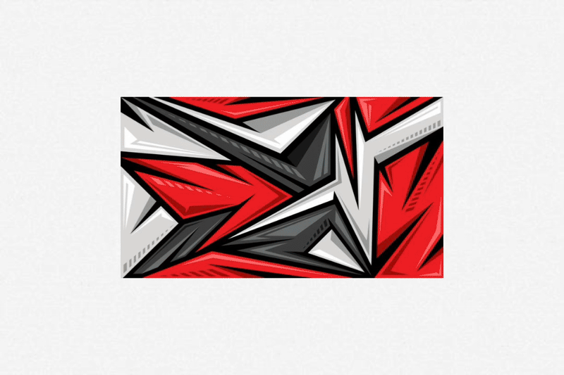 Arte abstracto con formas angulares en colores rojo, negro, blanco y gris sobre fondo gris claro.