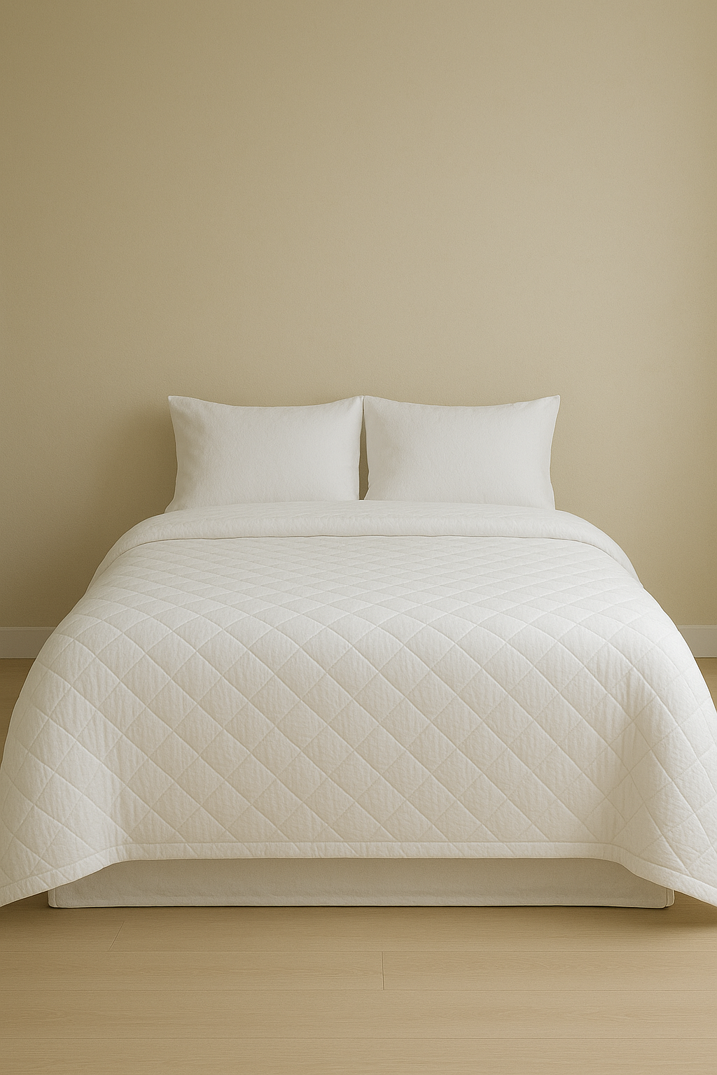 Cama con sábanas y almohadas blancas en una habitación sencilla con pared beige.