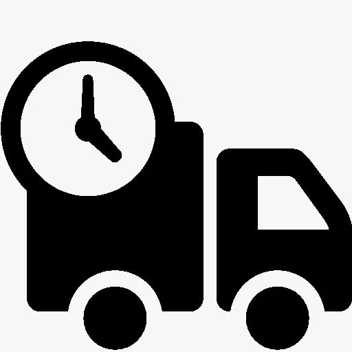 Icono de un camión de reparto con un reloj, representando entrega rápida o programada.