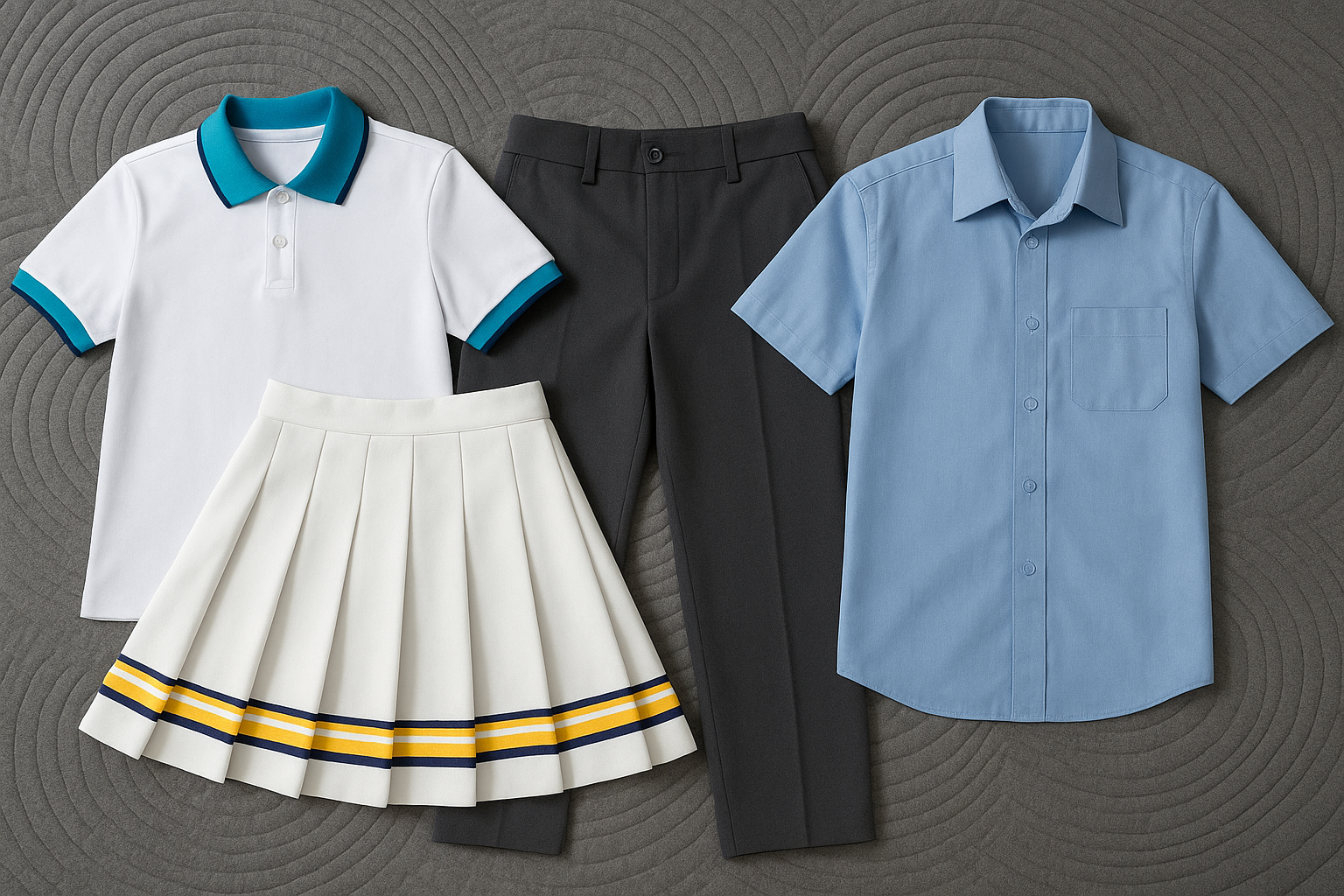 Conjunto de ropa escolar: polo blanco con detalles azules, falda blanca con rayas en el borde, pantalones negros y camisa azul.