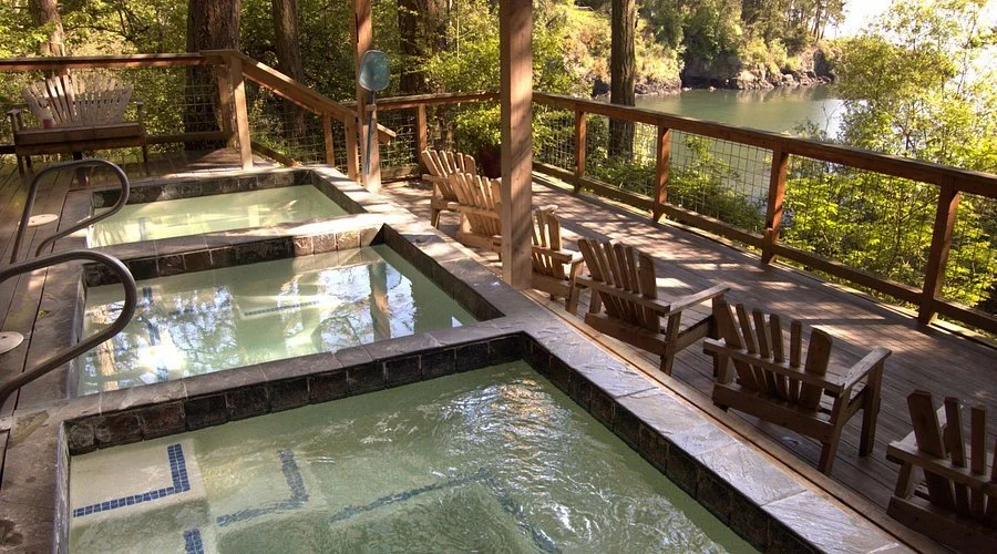An image of hot tub pools overlooking Doe Bay on Orcas Island.