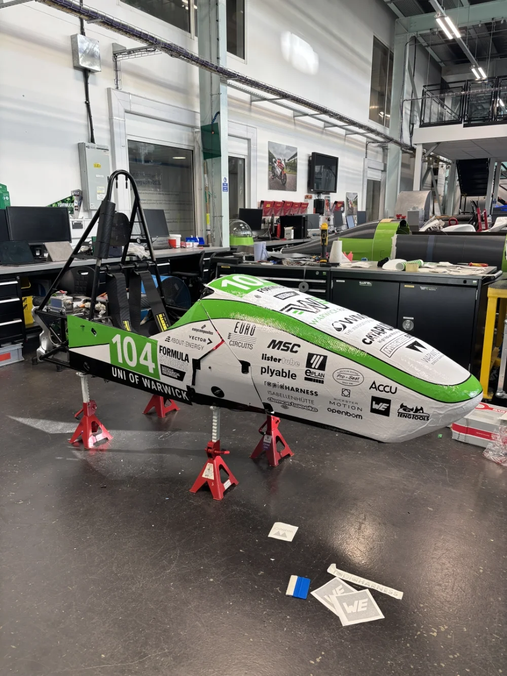 Warwick Racing Formula Student car with bespoke motorsport livery and sponsor branding