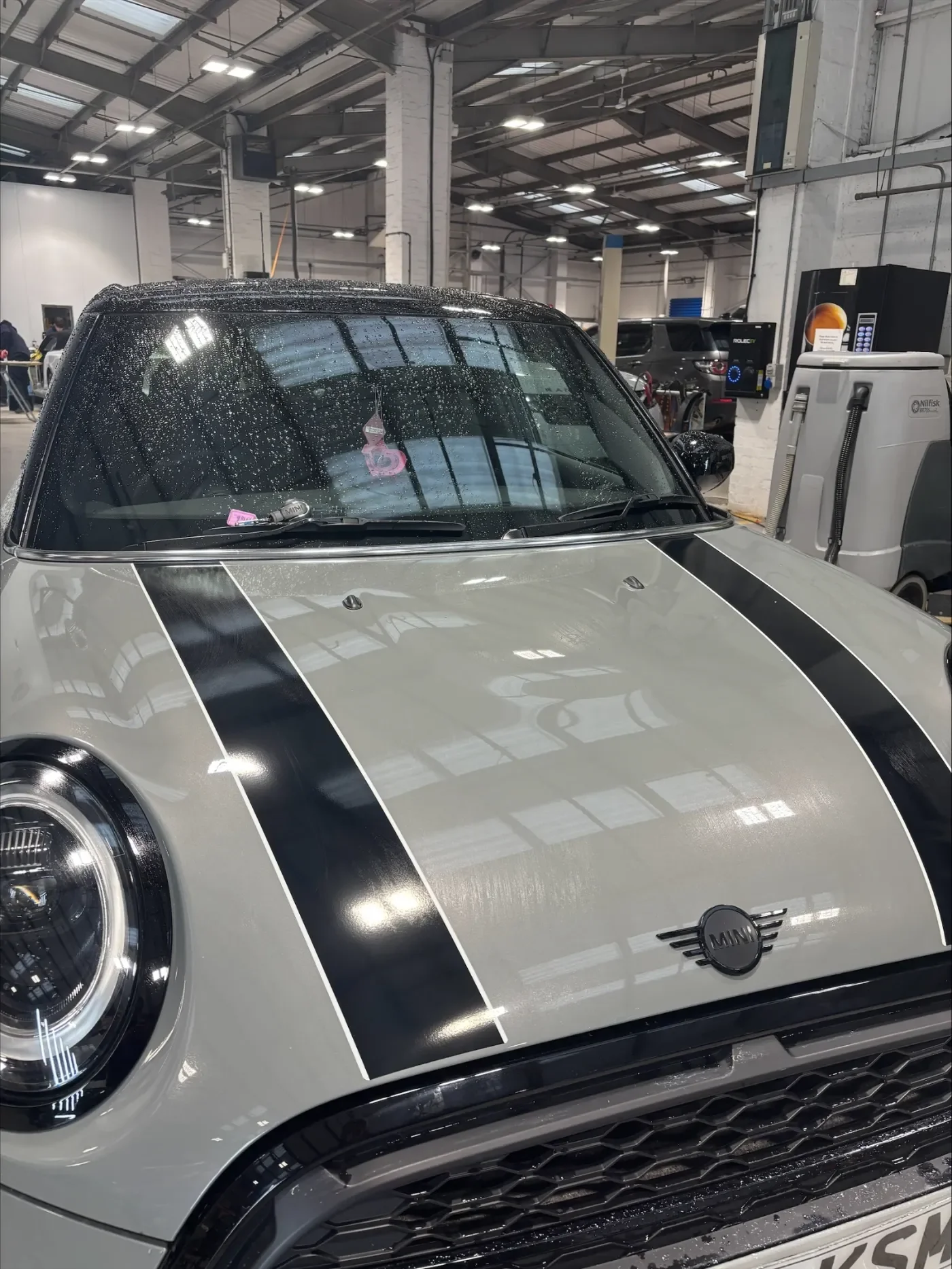 Replacement Mini bonnet stripes installed on grey Mini