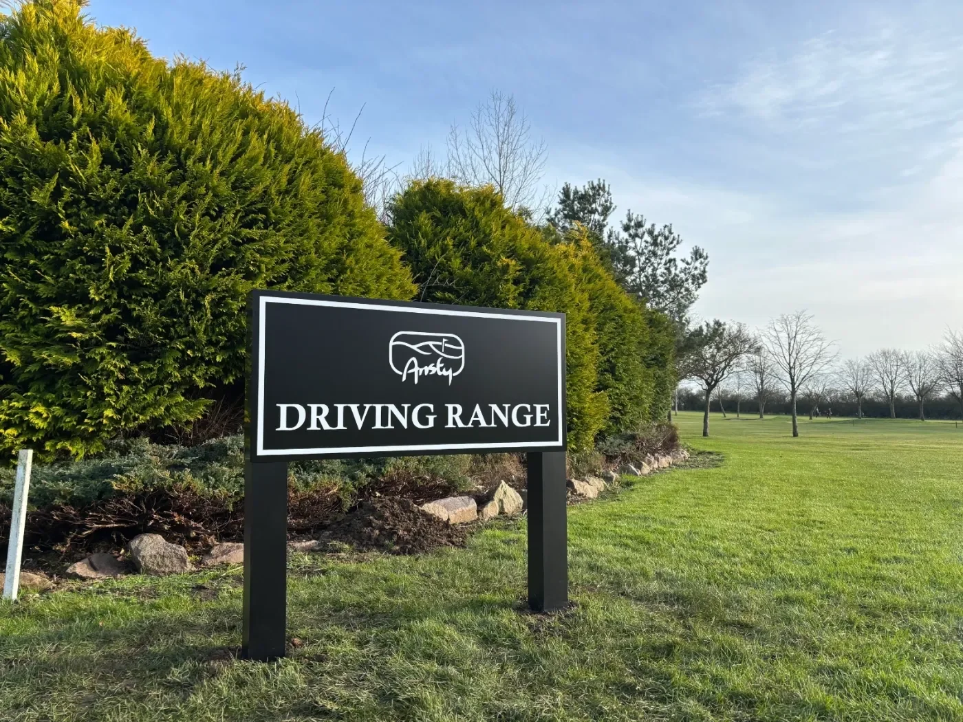 Premium black and white golf club driving range sign 