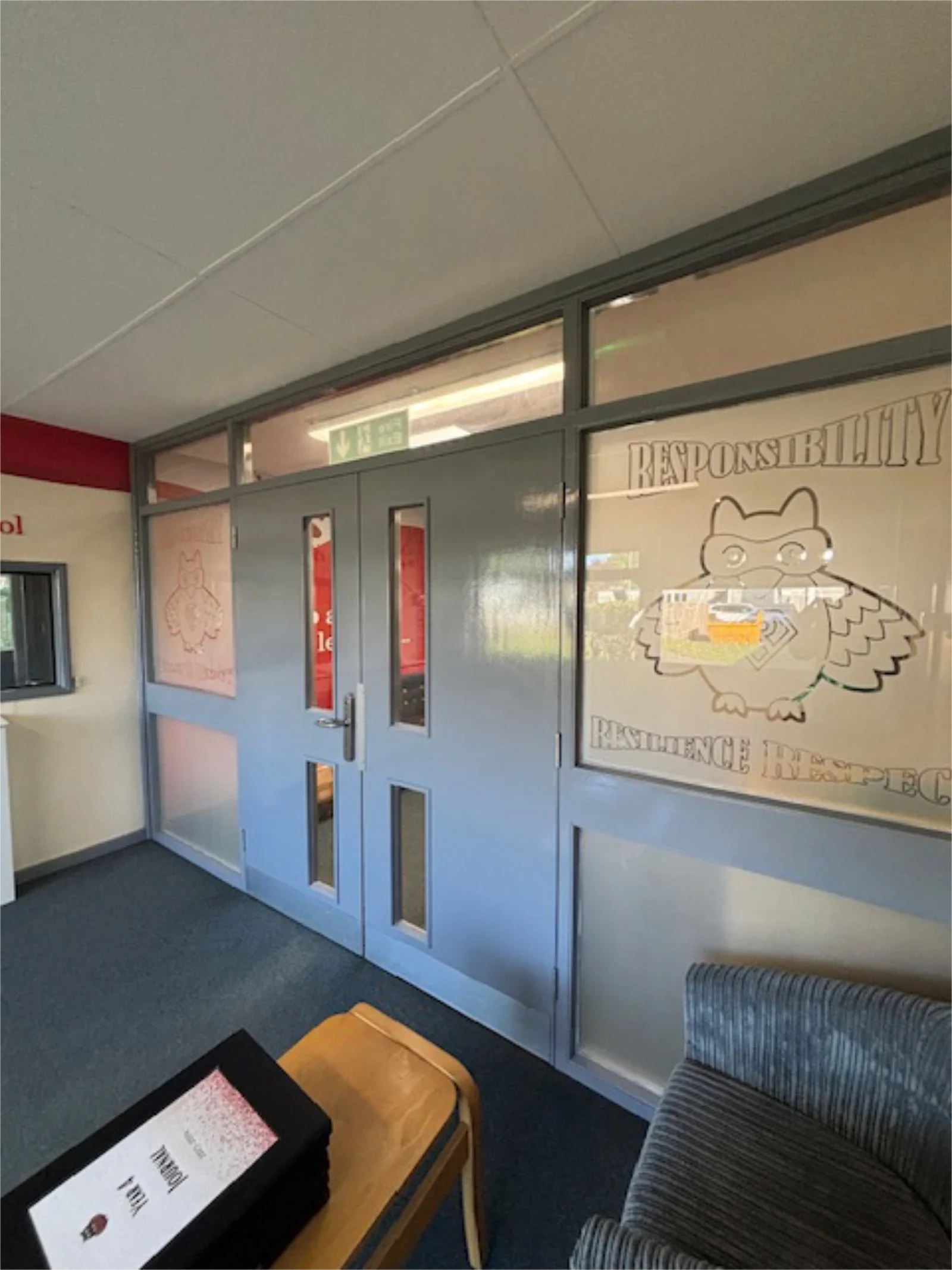 Custom frosted privacy office windows installed in a school in Coventry