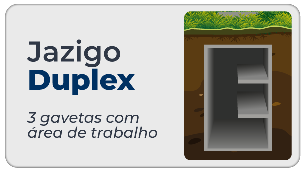 Imagem ilustrativa de um jazigo duplex com três gavetas e área de trabalho, com uma parede de fundo ilustrando a abertura do jazigo com prateleiras internas, ao lado de uma área de grama.