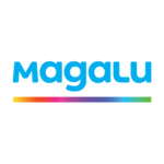Logotipo da Magalu com o nome em azul e uma linha colorida abaixo
