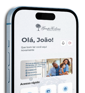 Tela de smartphone exibindo o aplicativo do Grupo Colina, com uma saudação personalizada e imagem de uma mulher e uma criança sorrindo.