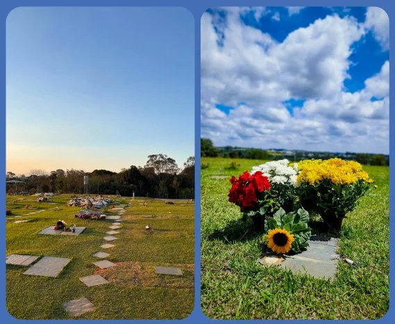 Imagem dividida em duas partes. A esquerda mostra um cemitério ao pôr do sol, com túmulos e um caminho de pedras. A direita mostra um campo com flores coloridas sob céu nublado, incluindo girassol, cravos vermelhos e outras flores amarelas e brancas.