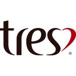 Logotipo da marca 'tres2' em cores marrom e vermelho.
