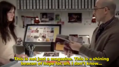 A screenshot from the movie "The Devil Wears Prada," in which Nigel is saying to Andy, "This is not just a magazine. This is a shining beacon of hope for, oh, I don't know..."