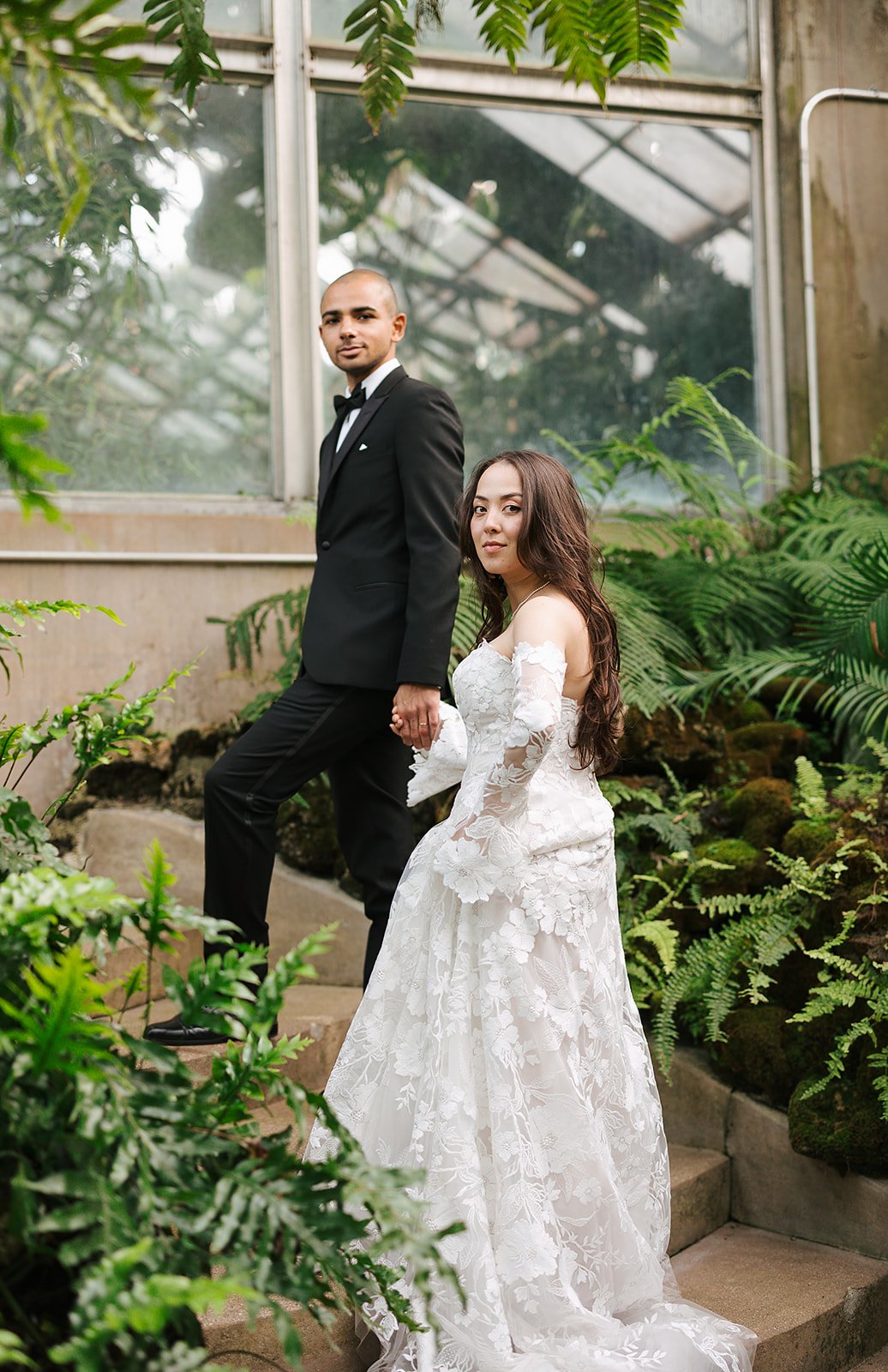 portraits of Bride and Groom get married at Lincoln Park Conservatory and Salvatores. Grace Coudal is a Chicago lesbian photographer specializing in portraits, candid, editorial, documentary, events, + weddings. Analog film wedding photography, queer