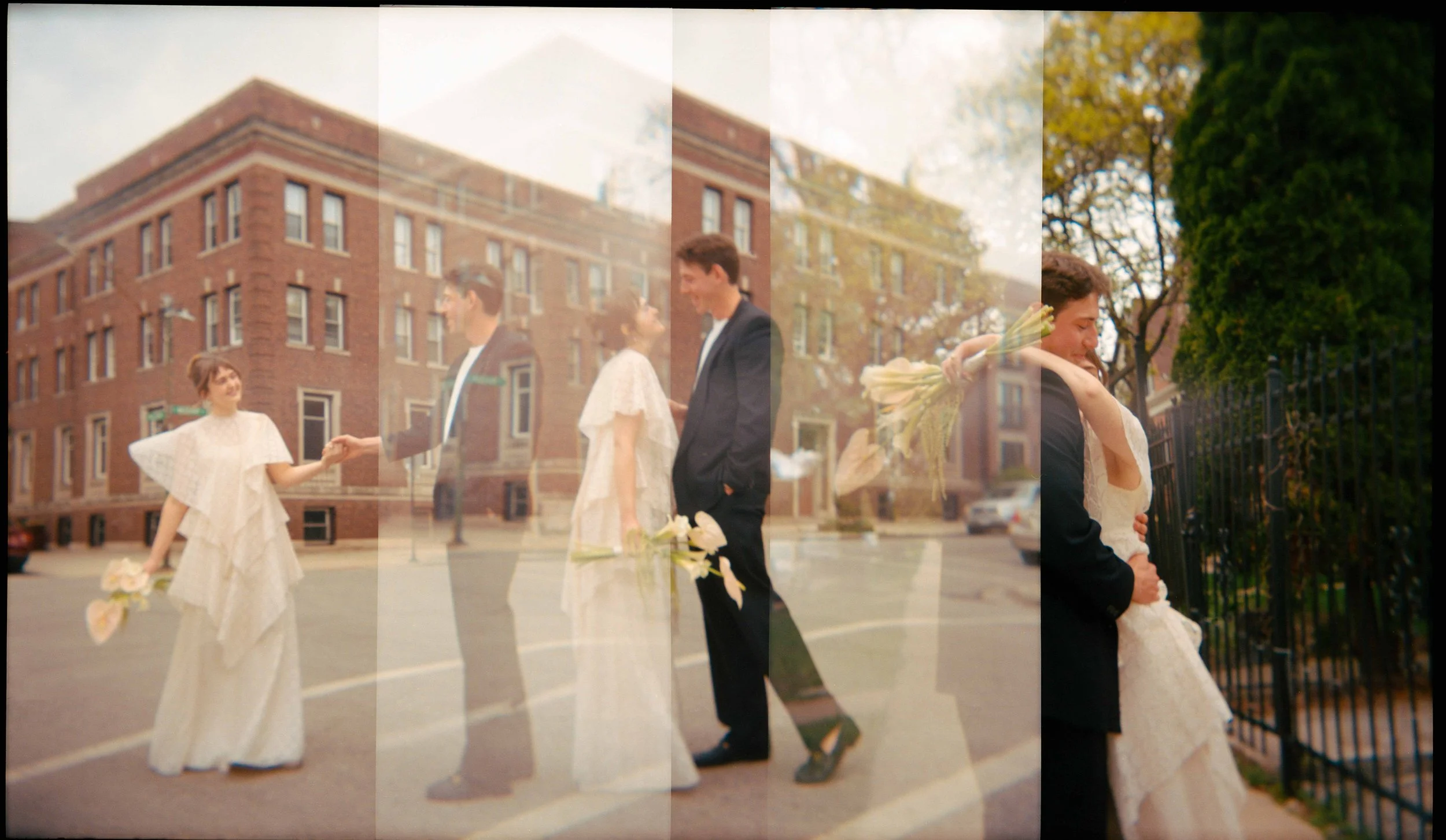 Triple exposure of bride and groom dancing. Luxury, high-end wedding photographer shot on film. Grace Coudal is a Chicago lesbian photographer specializing in portraits, candid, editorial, documentary, events, + weddings.
