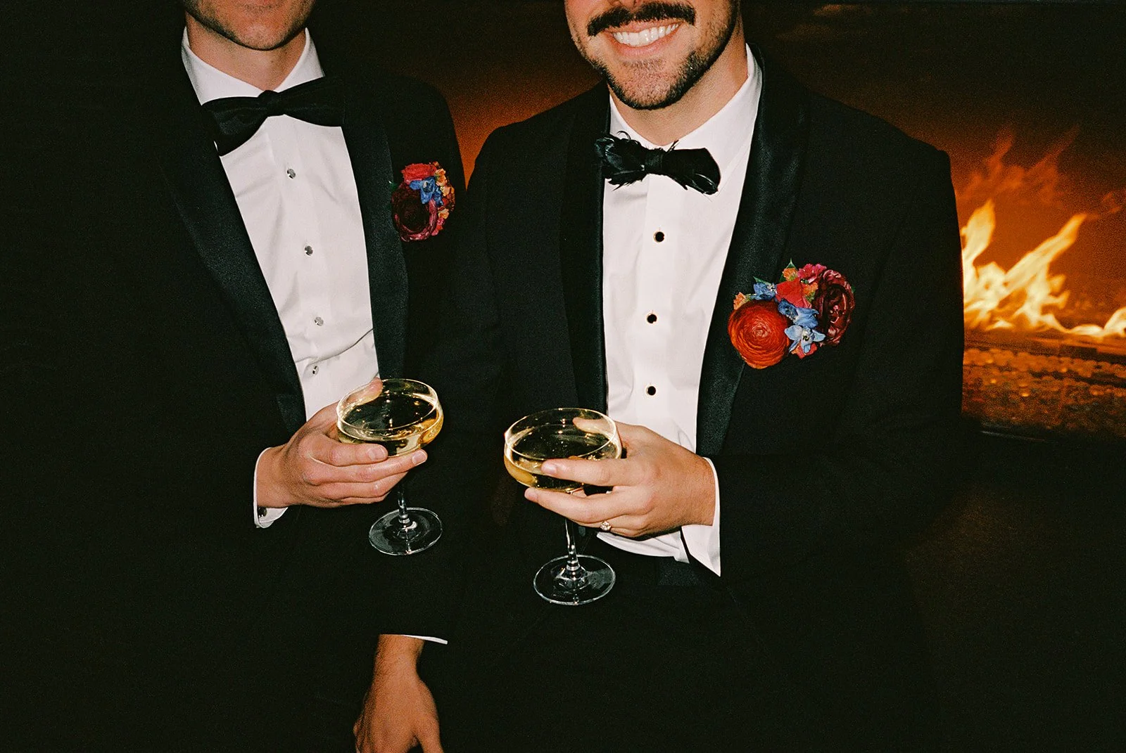 Two grooms get married downtown on Halloween night at chicago winery. Queer, gay, black tie, high-end party and drag show. Documentary and candid photos on flash film. Weddings by Grace is a Chicago lesbian queer luxury wedding photographer specializ