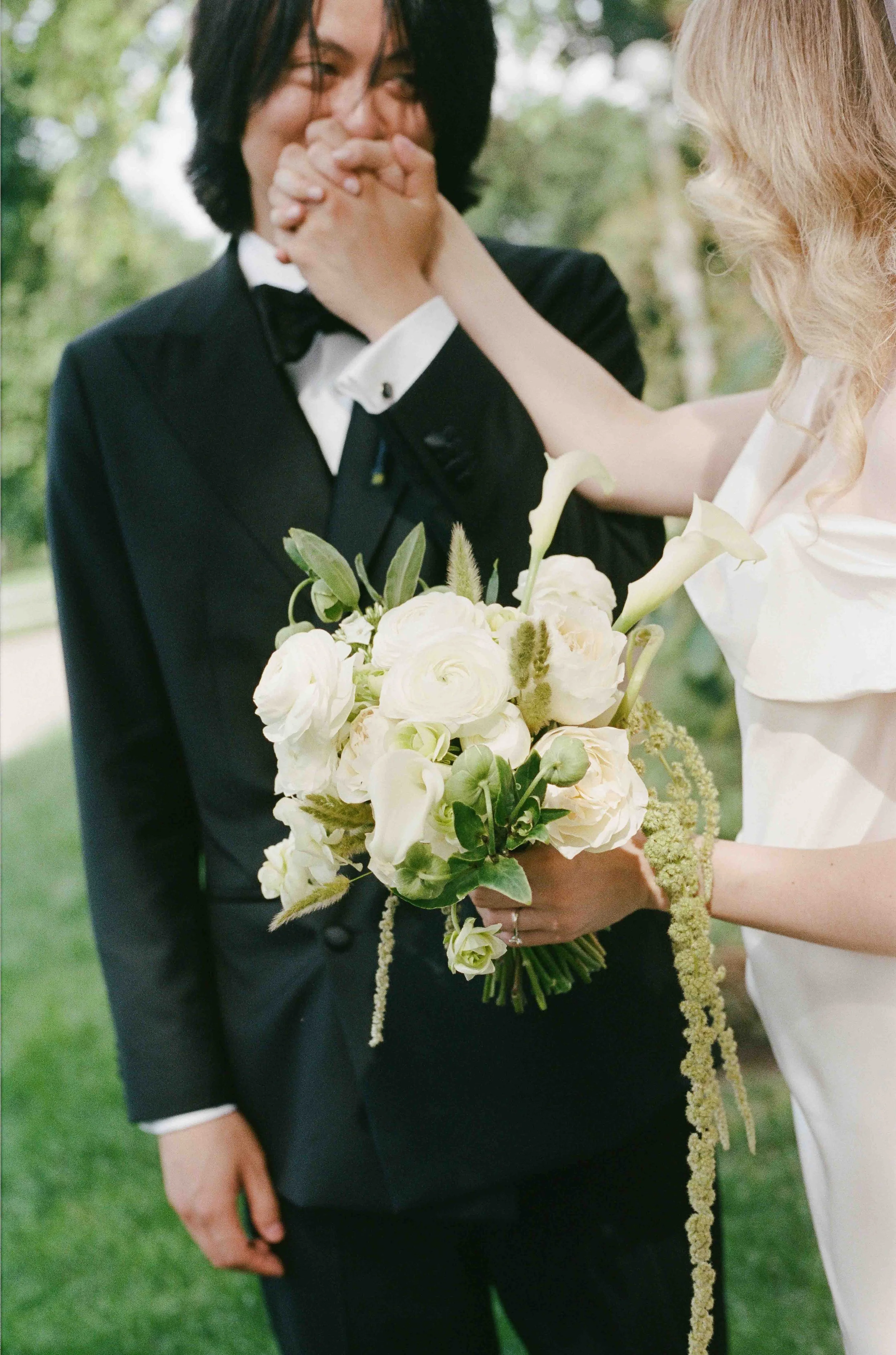 Bride and groom get married at the Chicago History Museum, with creative, lively wedding focused on community, family, laughter. Documentary and candid photos on analog nostalgic film. Weddings by Grace is a Chicago lesbian queer luxury wedding photo
