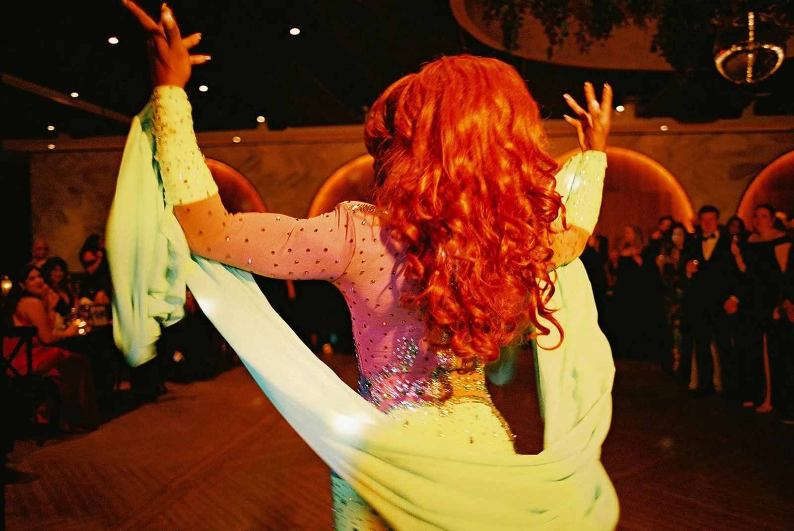 Two grooms get married downtown on Halloween night at chicago winery. Queer, gay, black tie, high-end party and drag show. Documentary and candid photos on flash film. Weddings by Grace is a Chicago lesbian queer luxury wedding photographer specializ