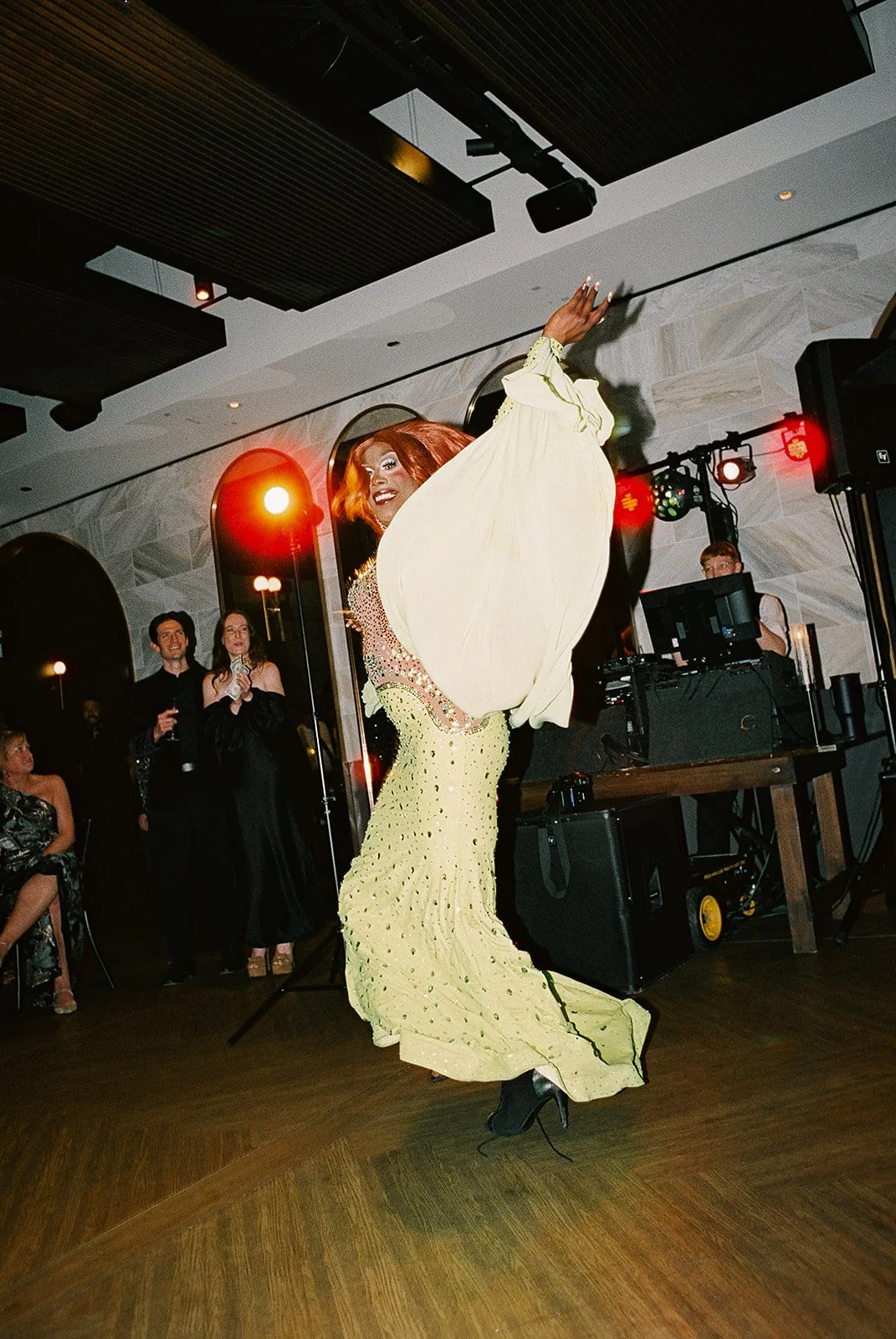 Two grooms get married downtown on Halloween night at chicago winery. Queer, gay, black tie, high-end party and drag show. Documentary and candid photos on flash film. Weddings by Grace is a Chicago lesbian queer luxury wedding photographer specializ