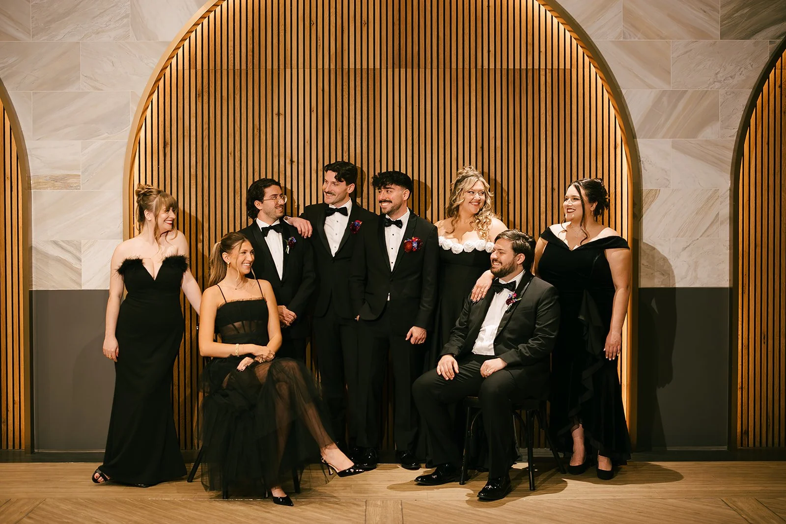 Two grooms get married downtown on Halloween night at chicago winery. Queer, gay, black tie, high-end party and drag show. Documentary and candid photos on flash film. Weddings by Grace is a Chicago lesbian queer luxury wedding photographer specializ