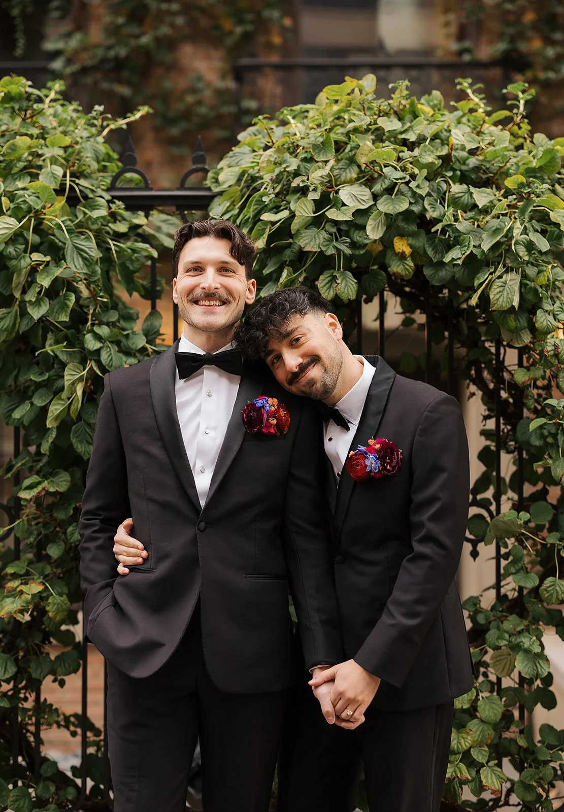 Two grooms get married downtown on Halloween night at chicago winery. Queer, gay, black tie, high-end party and drag show. Documentary and candid photos on flash film. Weddings by Grace is a Chicago lesbian queer luxury wedding photographer specializ