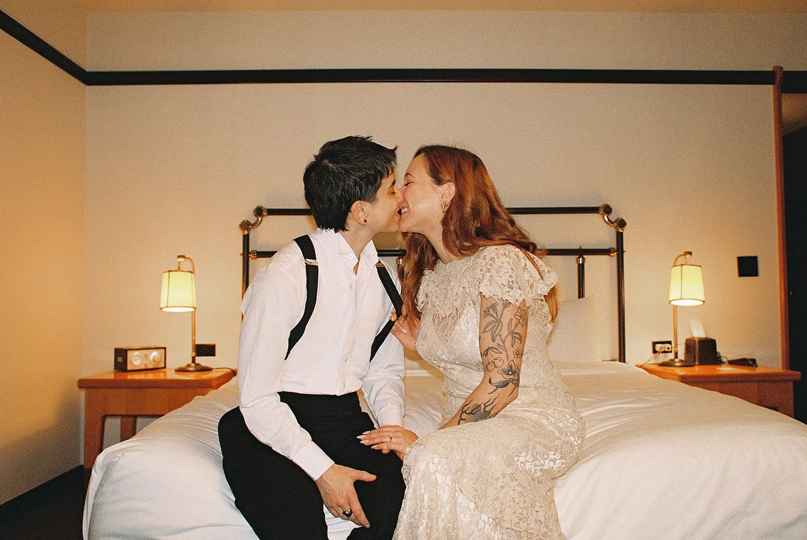 Queer elopement downtown at Chicago’s city hall. Documentary and candid photos on flash film. Weddings by Grace is a Chicago lesbian queer luxury wedding photographer specializing in portraits, candid, editorial, documentary, + artistic images with a