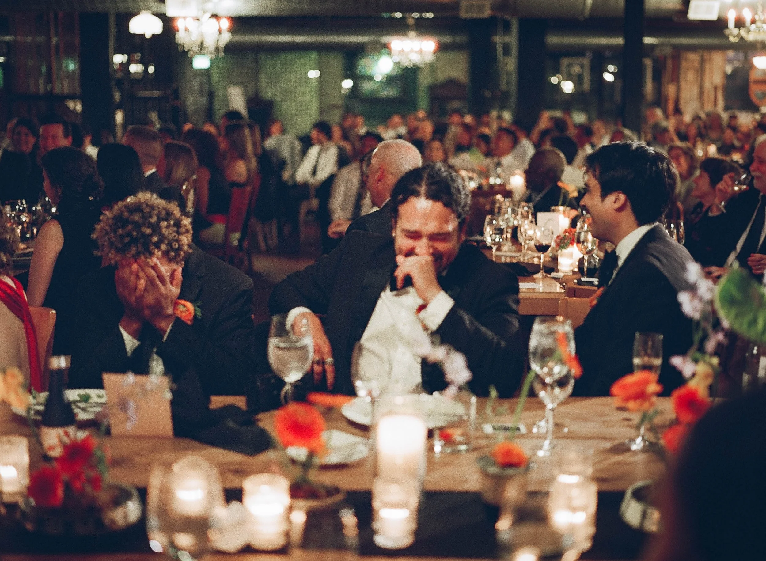 Bride and groom get married in Chicago at Salvage One, with creative, lively wedding focused on community, family, laughter. Documentary and candid photos on analog nostalgic film. Weddings by Grace is a Chicago lesbian queer luxury wedding photograp