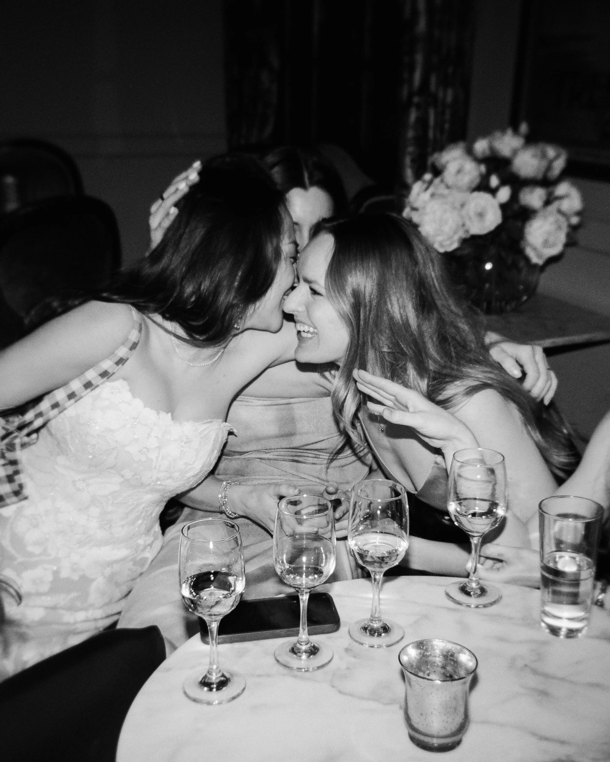 candid flash photo of reception on film. Bride and Groom marry at Lincoln Park Conservatory and Salvatores. Grace Coudal is a Chicago lesbian photographer specializing in portraits, candid, editorial, documentary, events, + weddings. Analog film wedd